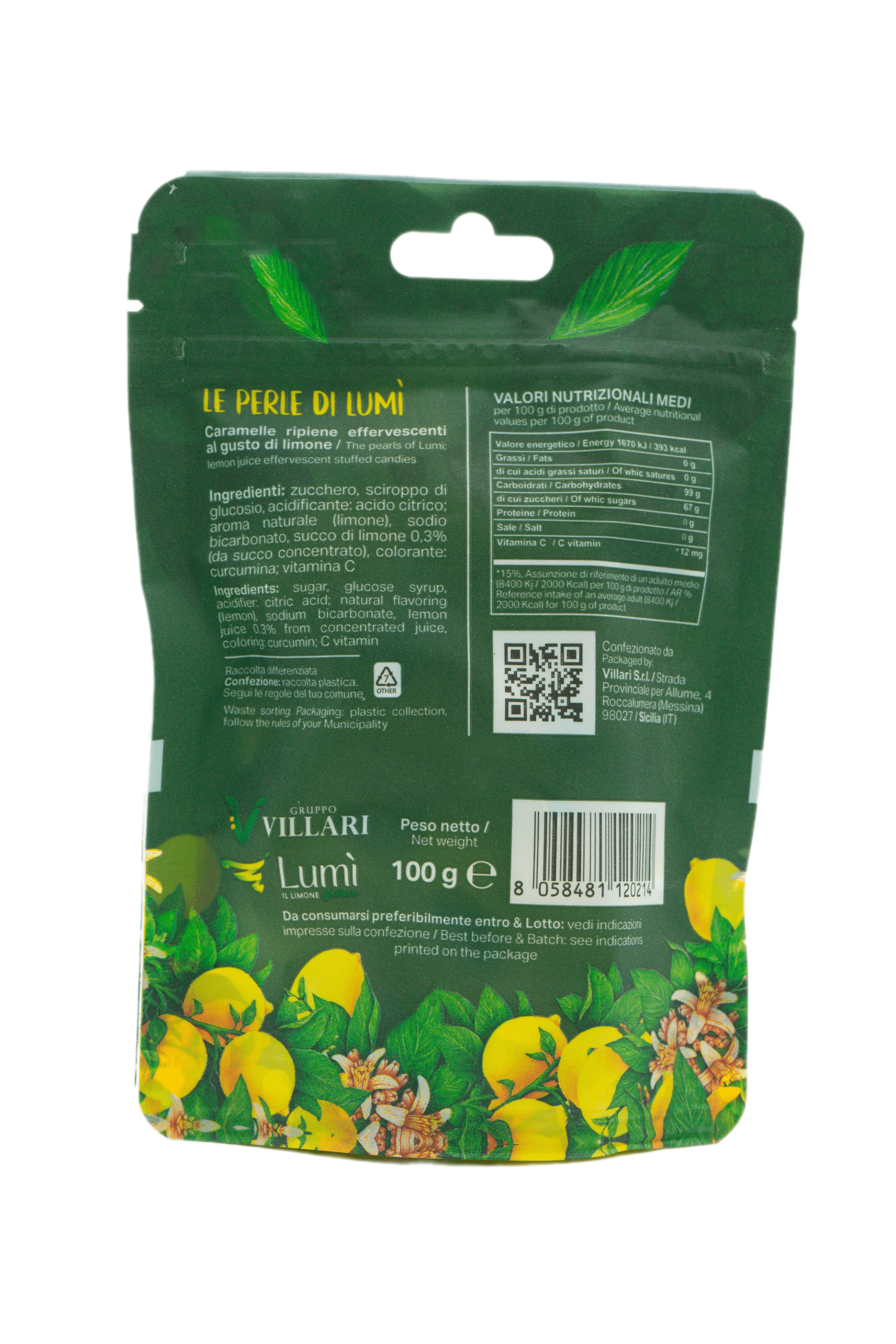 Caramelle Perle di Lumu00ec in doypack da 100gr - Gusto Limone. Retro doypack con valori nutrizionali e ingredienti