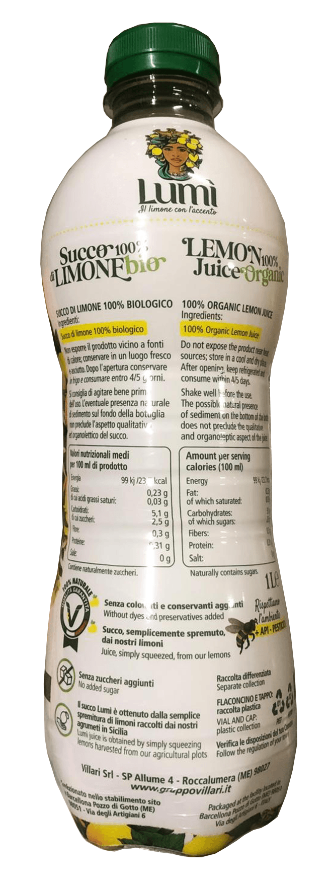 Succo di limone Lumi BIO 100% naturale - Bottiglia da 1Lt