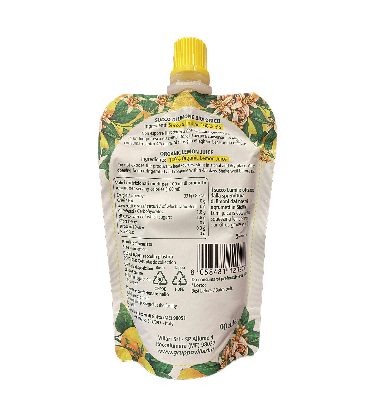 Succo di limone Lumi BIO 100% naturale - Pouch da 90ml. Ingredienti e valori nutrizionali