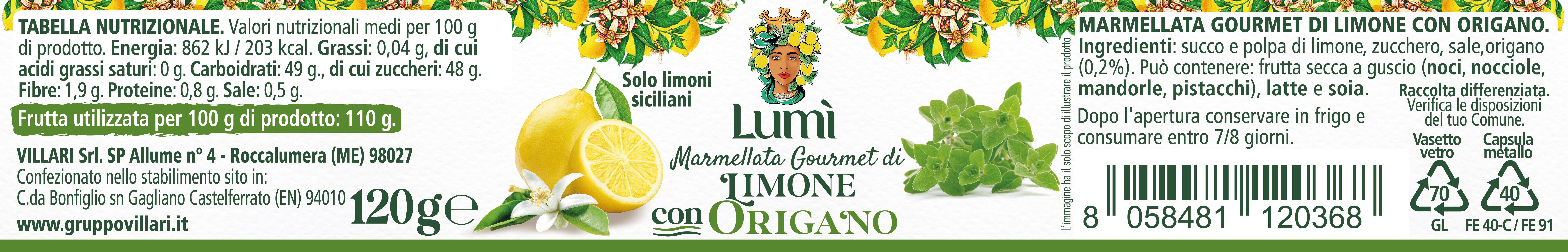 Marmellata gourmet Lumi di limone e origano vasetto da 120 gr. Etichetta con valori nutrizionali e ingredienti