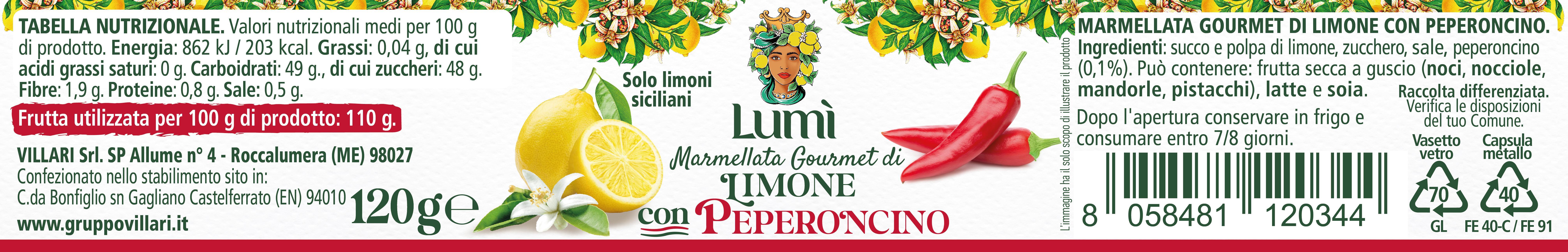 Marmellata gourmet Lumi di limone e peperoncino vasetto da 120 gr. Etichetta con valori nutrizionali e ingredienti