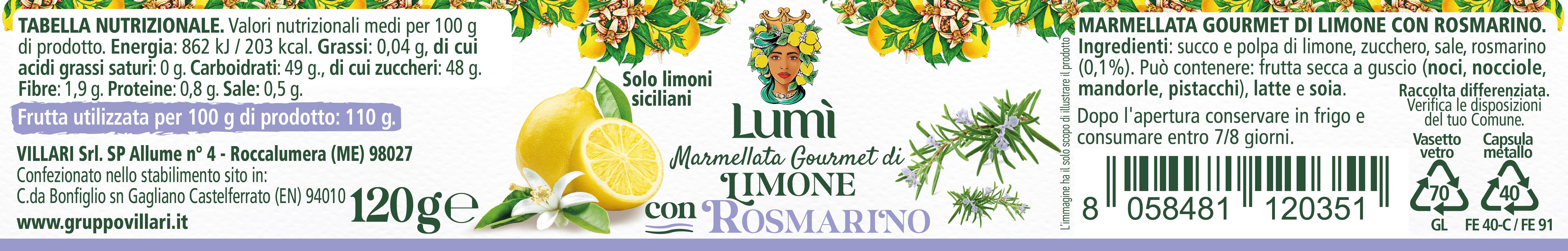 Marmellata gourmet Lumi di limone e rosmarino vasetto da 120 gr. Etichetta con valori nutrizionali e ingredienti