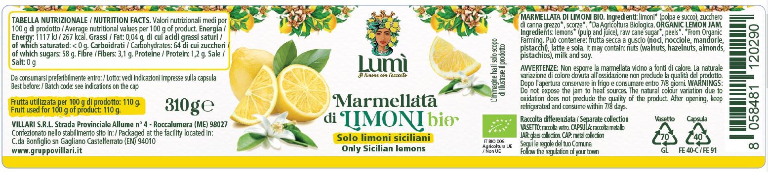 Marmellata di limone BIO Lumi - Ricetta tradizionale - Vasetto da 310gr. Etichetta con valori nutrizionali e ingredienti