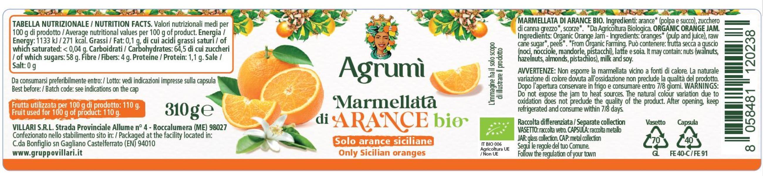 Marmellata di Arance BIO Agrumi - Ricetta tradizionale - Vasetto da 310gr. Etichetta con valori nutrizionali e ingredienti