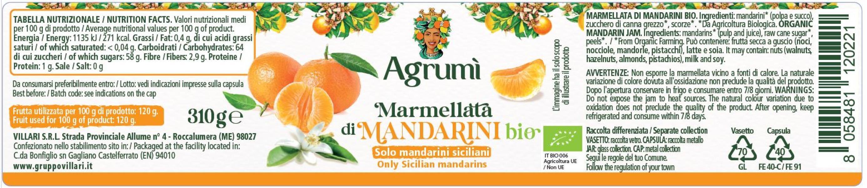 Marmellata di mandarini BIO Agrumi - Ricetta tradizionale - Vasetto da 310gr. Etichetta con valori nutrizionali e ingredienti