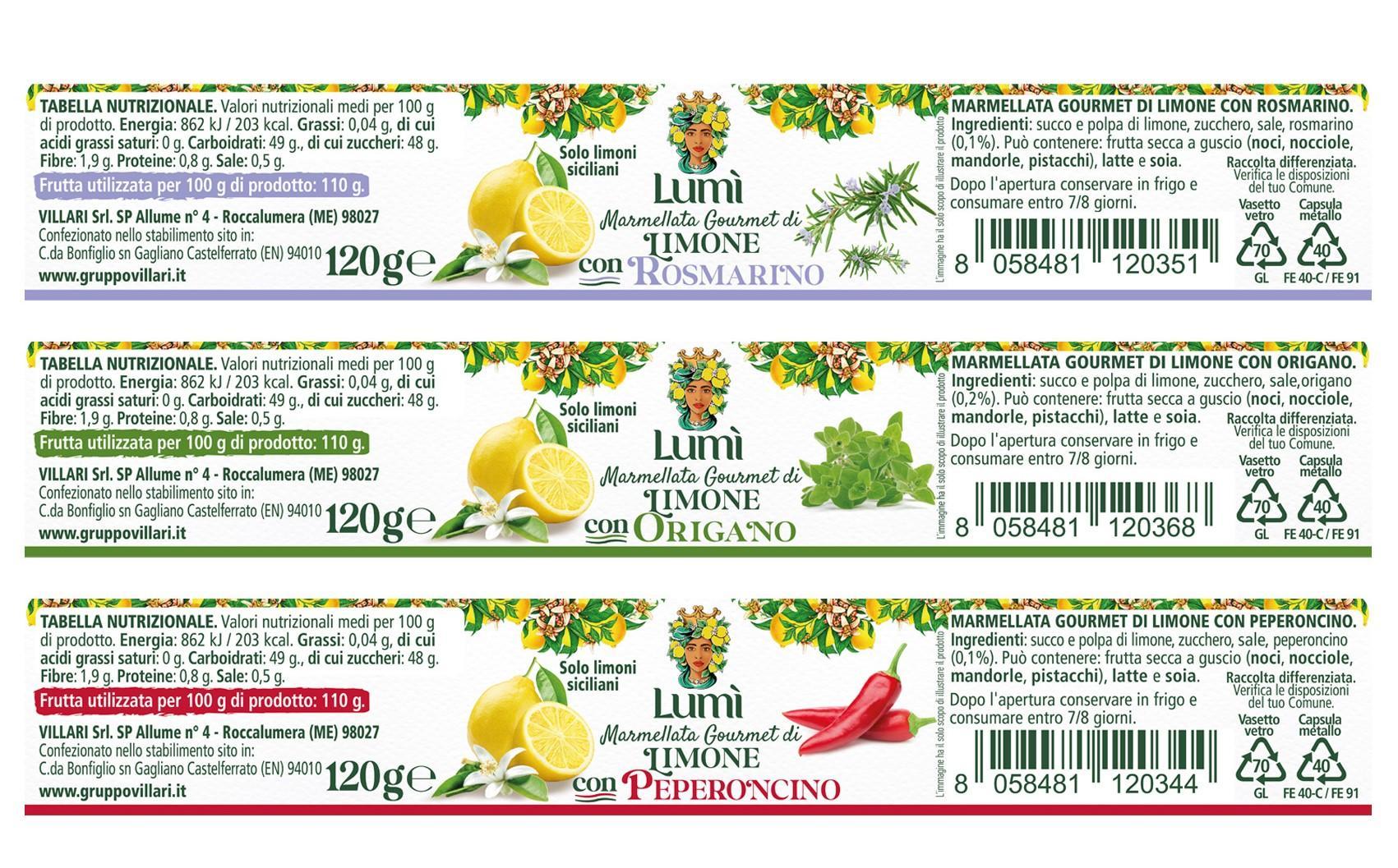 Marmellata gourmet Lumi di limone e spezie mediterranee - Confezione da12 vasetti da 120gr. Etichette con valori nutrizionali e ingredienti.