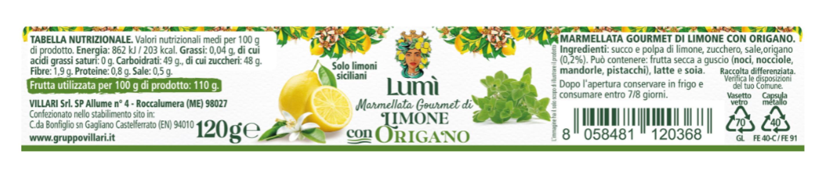 Marmellata gourmet Lumi di limone e origano - Confezione da 12 vasetti da 120 gr. Etichetta con Valori Nutrizionali e Ingredienti