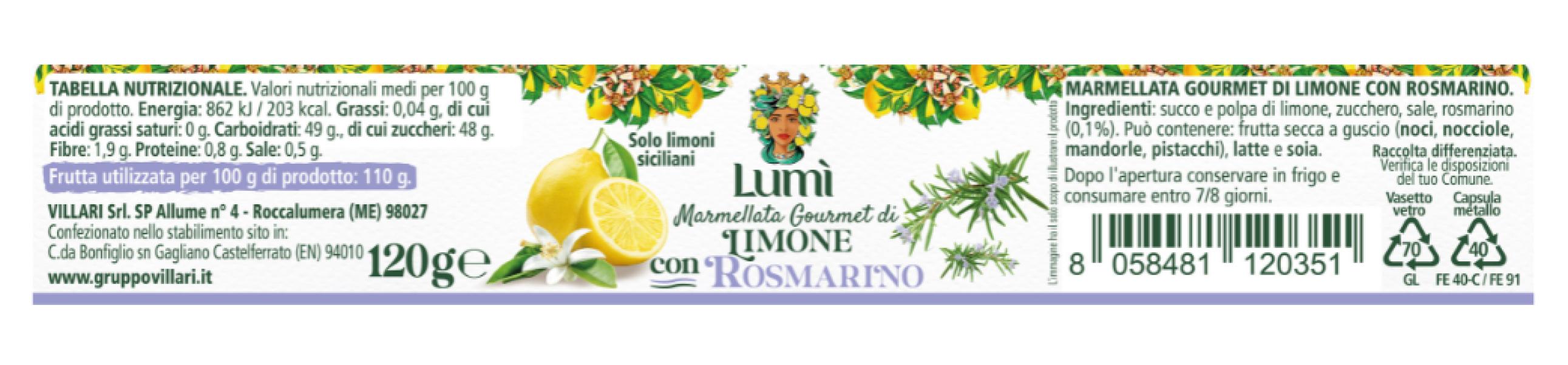 Marmellata gourmet Lumi di limone e rosmarino - Confezione da 12 vasetti da 120gr. Etichetta con valori nutrizionali e ingredienti