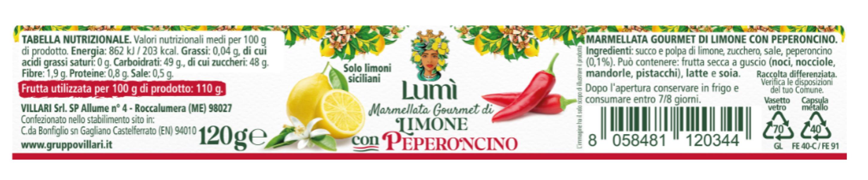 Marmellata gourmet Lumi di limone e peperoncino - Confezione da 12 vasetti da 120 gr. Etichetta con valori nutrizionali e ingredienti