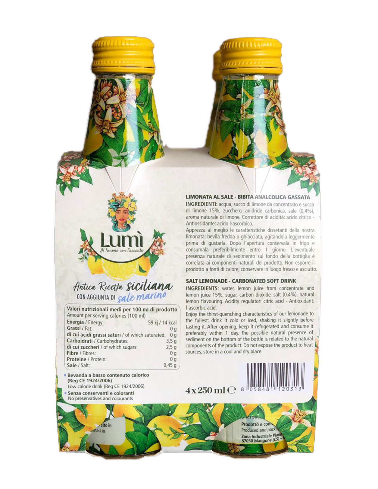 Limonata Fior di sale Lumi antica ricetta siciliana - Cluster 4 bottiglie in vetro da 250ml