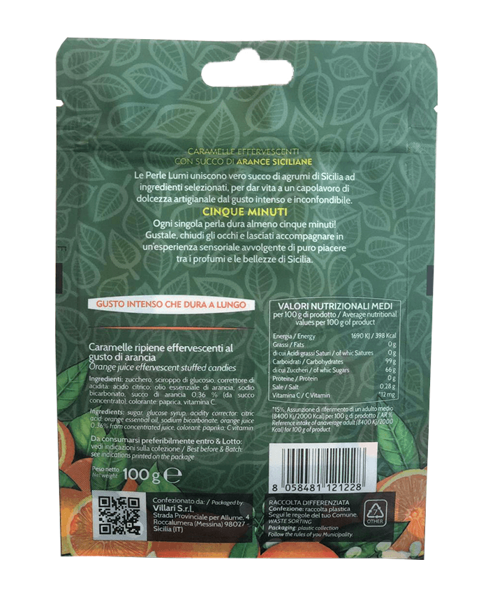 Caramelle Perle di Lumi in doypack da 100gr - Gusto Arancia - Retro