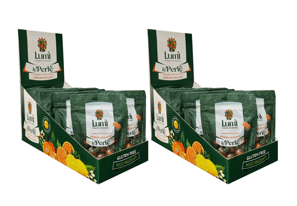 Caramelle Perle di Lumi box con 2 espositori da 14 doypack cad - Gusto Arancia