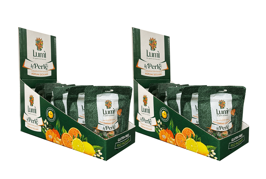 Caramelle Perle di Lumi box con 2 espositori da 14 doypack cad - Gusto Mandarino